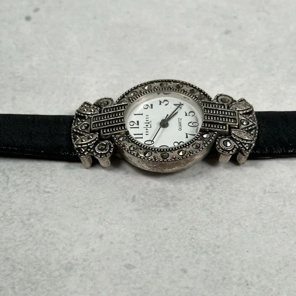 LA Express Watch Womens Marcasite Bezel Silver Tone Art Deco 25mm New Battery
